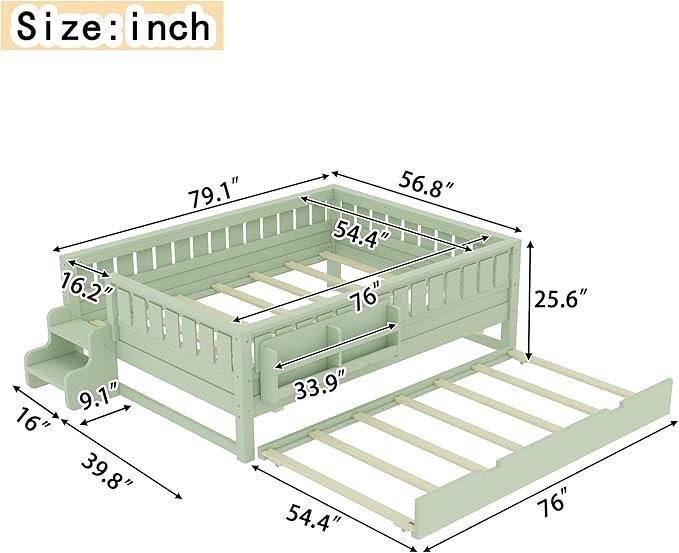 Bellemave Full Size Kids Bed with high Rails and with Built-in Bookshelf and Trundle for Kids, Girls, Boys, Wood Montessori Bed Without Door, Avocado Green