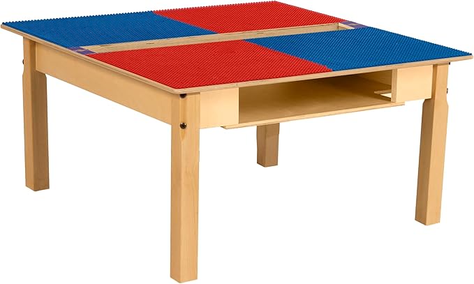 Contender Time-2-Play 35" Square Red & Blue Hardwood Lego Compatible Table for Kids with 16" Long Legs, Built to Last Children Desk for Playroom, with Trough & Shelf