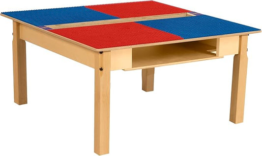 Contender Time-2-Play 35" Square Red & Blue Hardwood Lego Compatible Table for Kids with 16" Long Legs, Built to Last Children Desk for Playroom, with Trough & Shelf