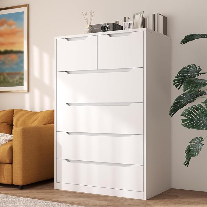 6 Drawer Dresser for Bedroom Tall Chest of Drawers for Hallway,White,43.2" H X 27.6" W X15.6 D