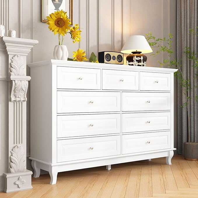 Chest of Drawers 9 Drawer Dresser for Bedroom, Modern White Dresser with Silver Knobs, Wide 9 Drawer Chest with Wood Legs for Bedroom Living Room, 15.7”D x 55.1”W x 37”H