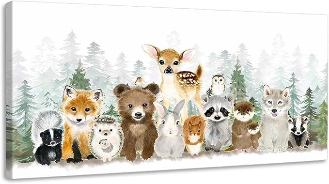 Woodland Animal Nursery Wall Art Watercolor Forest Baby Animal Nursery Wall Decor Printing Framed Fox Bear Deer Watercolor Poster Paintings Pictures for Boys Room Girls Room Home Decoration 8x16in