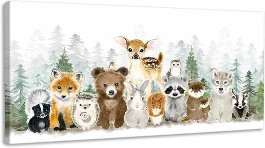 Woodland Animal Nursery Wall Art Watercolor Forest Baby Animal Nursery Wall Decor Printing Framed Fox Bear Deer Watercolor Poster Paintings Pictures for Boys Room Girls Room Home Decoration 8x16in