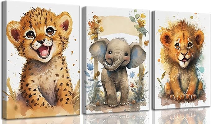 HKMXCD 3Pcs Baby Safari Animal Canvas Wall Art Jungle Watercolor Animal Wall Decor Picture Lovely Painting Artwork Kids Room Prints for Boy Girl Room Home decoration 16x24in