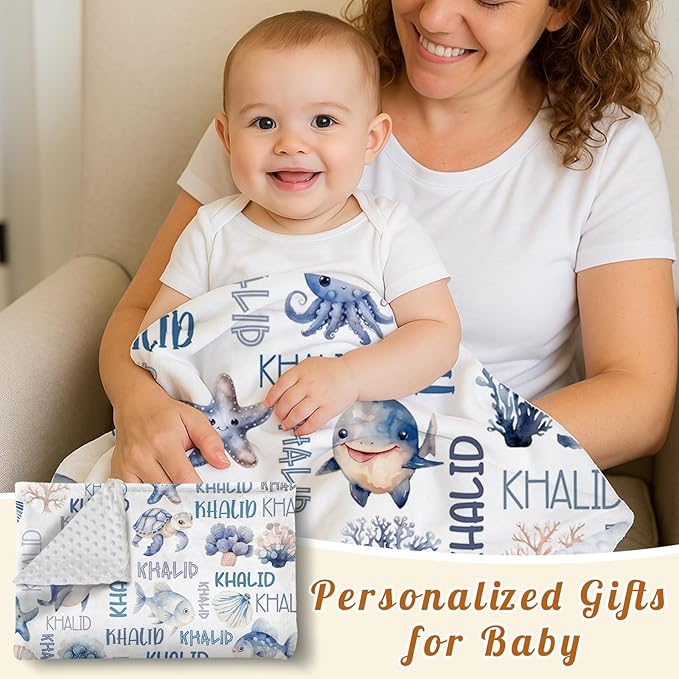 Personalized Baby Blanket with Name, Customized Blanket for Newborn Boys Girls, Ocean Animals Flannel Baby Name Blanket with Dotted Backing, Receiving Swaddle, Gifts for New Parents(30”x40)