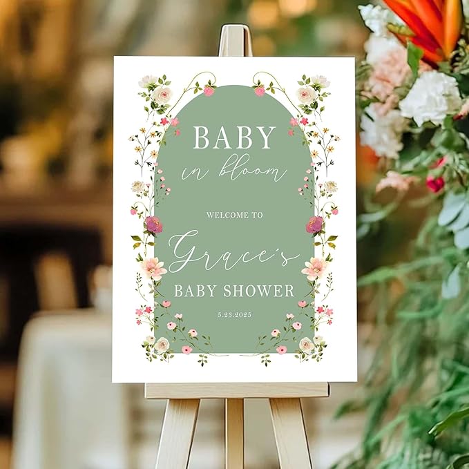 Personalized Green Arch Baby Shower Welcome Sign - Baby in Bloom Floral Announcement Sign - Elegant Girl Entrance Decor