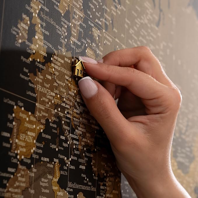 Canvas World Map with Cork Pin Board - English Lettering - Decorative Wall Decoration for All Rooms - Canvas Pictures with World Map Motif (90x60 cm, Pattern 5)