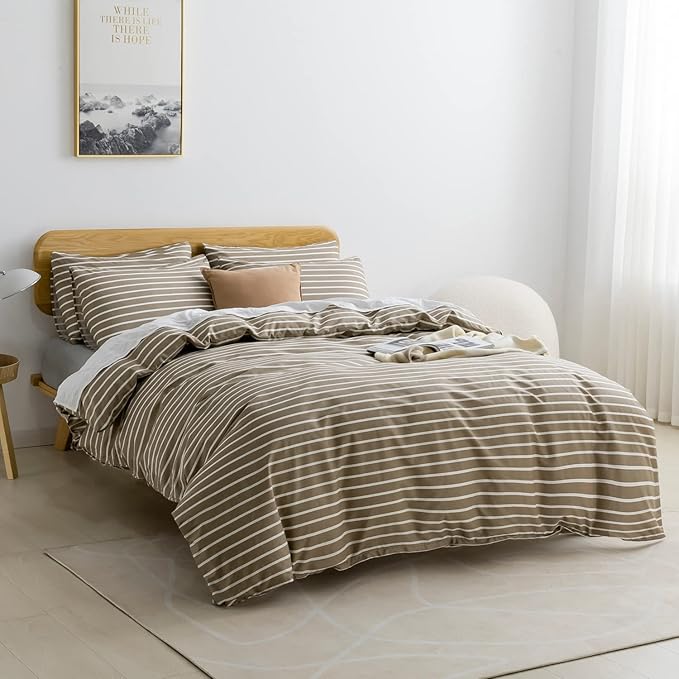JELLYMONI Twin Duvet Cover Set, Cotton Duvet Cover 2 Pieces with Zipper Closure, 1 Duvet Cover and 1 Pillowcase(Khaki with White Striped)