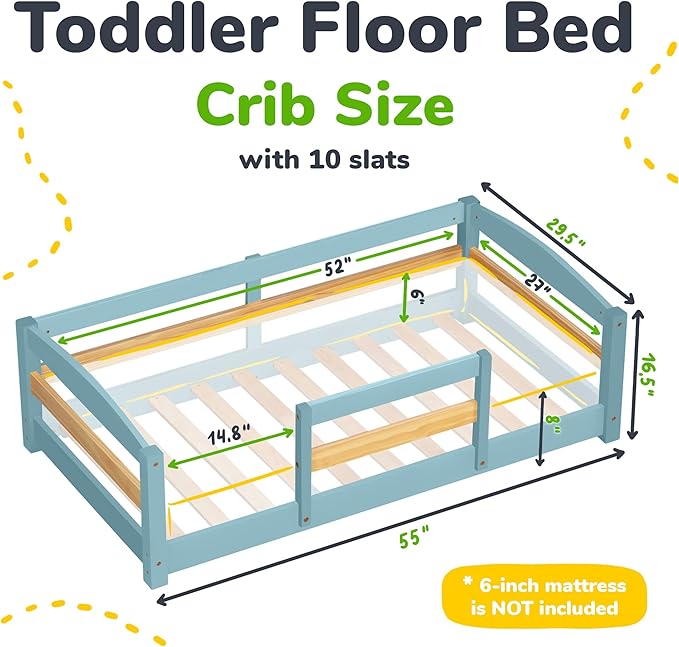 Ocodile Toddler Bed with Rails | Low Montessori Floor Bed Frame for Kids | Standard Crib Size Wooden Frame for Independent Toddlers 1-3 - Varnished