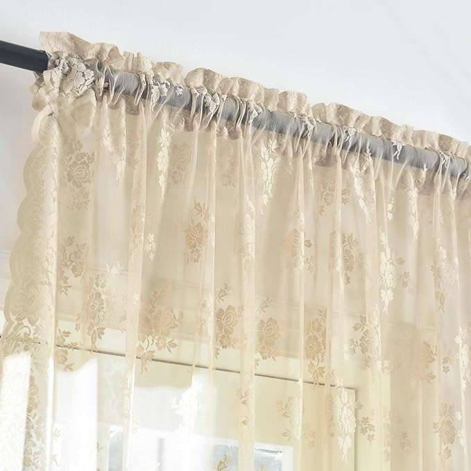 Kotile Short Lace Curtains 30 Inch Length 2 Panels Rustic Floral Retro Beige Kitchen Lace Curtains for Small Window, Rod Pocket Privacy Sheer Cafe Curtain Over Sink Cabinet, 42 x 30 Inch
