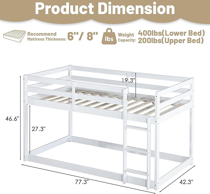 Bunk Bed Twin Over Twin, Wood Low Profile Floor Twin Bunk Beds with Ladder Guardrails for Kids Boys and Girls, No Box Spring Needed