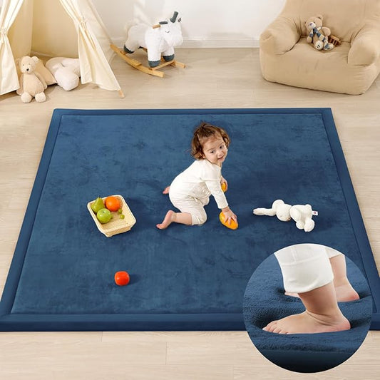 1.3" Thick Baby Play Mat for Floor, 79x79 Large Foam Tummy Time Mat, Padded Support Soft Plush Nursery Rug for Infant Kids Toddler Crawling Kick Activity (Royal Blue)