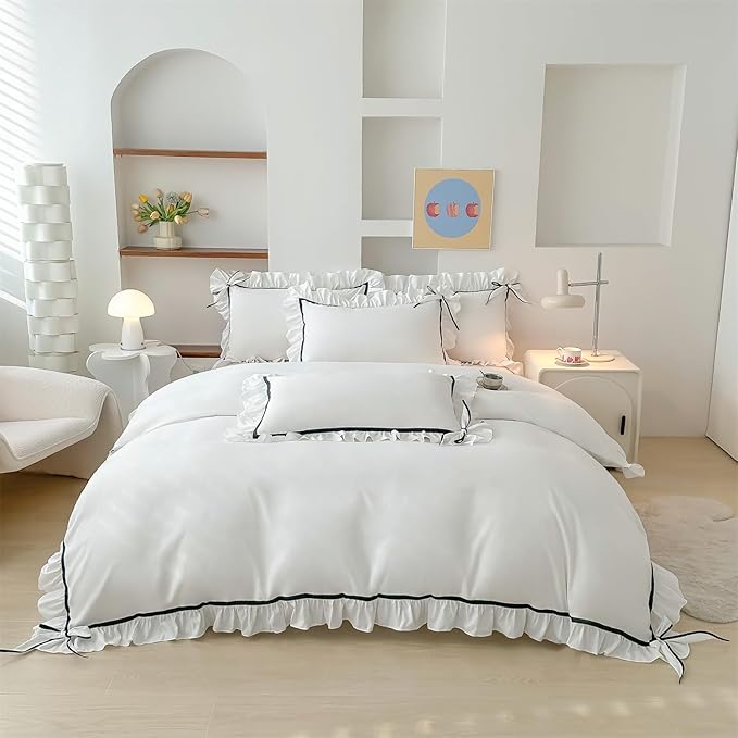 Ruffled Bedding Bow Duvet Cover Set with Butterfly Tie, Soft Brushed Microfiber Shabby Chic Bedding Set with Zipper Closure for Kids Girls-White,Full