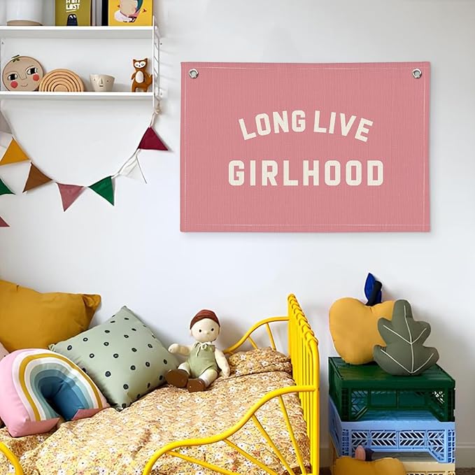 Long Live Girlhood Banner, Girls Baby Nursery Decor, Toddler Girl Room Decor, Pink Girls Room Wall Decor, 30x20 Inch Linen Wall Hanging Canvas Banner Flag - Hot Pink