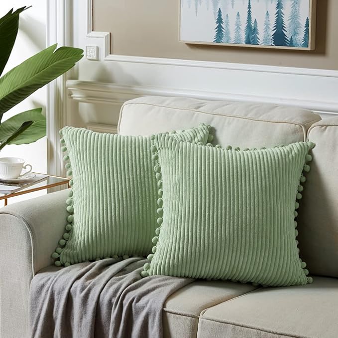 Fancy Homi 2 Packs Sage Green Decorative Throw Pillow Covers 16x16 Inch with Pom poms, Boho Farmhouse Home Decor, Soft Corduroy Accent Square Cushion Case for Living Room Couch Bed Sofa 40x40 cm