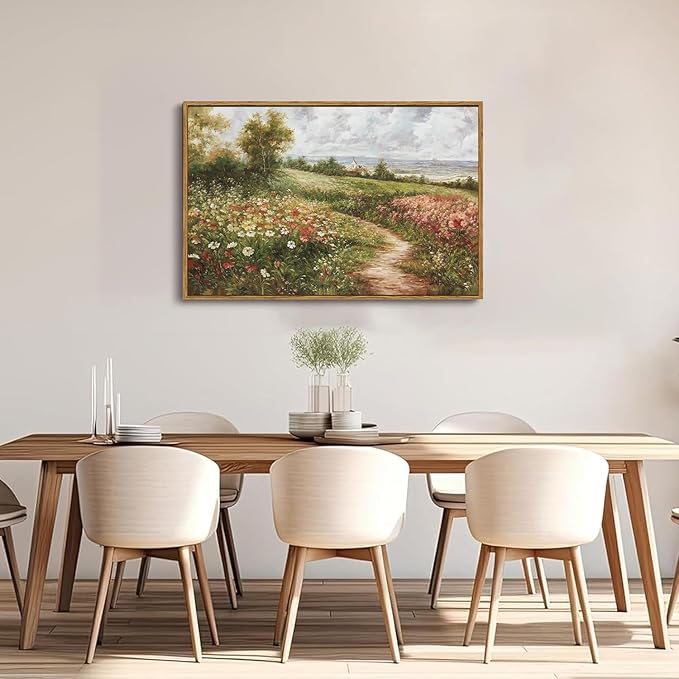 OIQArtOIQ Vintage Landscape Framed Wall Art Summer Countryside Wildflower Field Path Canvas Art Prints Farmhouse Cottagecore Pictures Wall Decor Rustic Meadow Paintings Artwork For Kitchen Bedroom