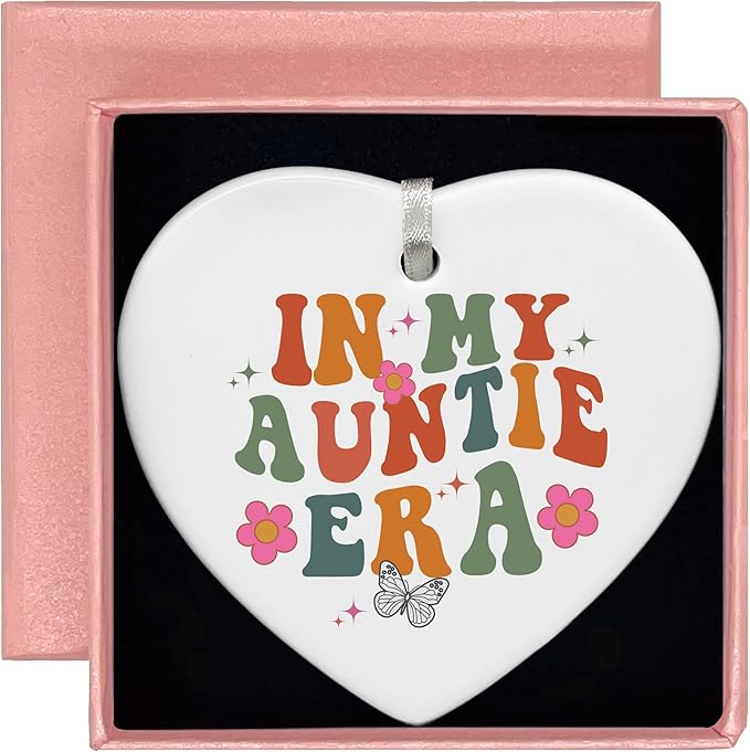 Heart Shaped Christmas Ornament-Auntie Era Gift-Best Aunt Ever Keepsake for Niece Nephew-Birthday or Baby Announcement Present for New Auntie to Be-Promoted to Aunt Ceramic Ornament