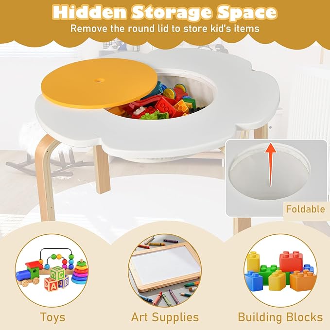 HONEY JOY Kids Table and Chair Set, Wooden Toddler Flower-Shaped Table and 4 Chairs w/Storage for Art Craft, Dining, 5-Piece Children Furniture for Daycare, Kindergarten, Playroom (Colorful + White)