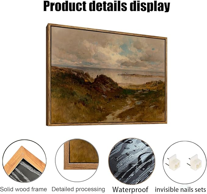 OIQArtOIQ Framed Vintage Landscape Wall Art Coast Natural Scenery Oil Painting Canvas Prints Country Farmhouse Aesthetic Decor Fall Pictures for Kitchen Bedroom Living Room Bathroom