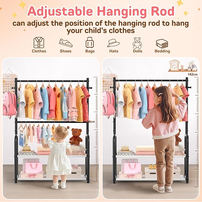 Kids Clothing Rack with 2-Layer Storage Shelf and 2 Adjustable Hanging Rods, Small Baby Closet Organizer for Hanging Clothes, Kids Dress Up Rack for Child (Classic, Black)