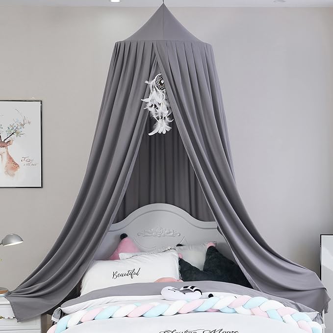 Kids Bed Canopy for Crib - Girls Nursery Canopy Hanging, Blocks Light, Dark Gray