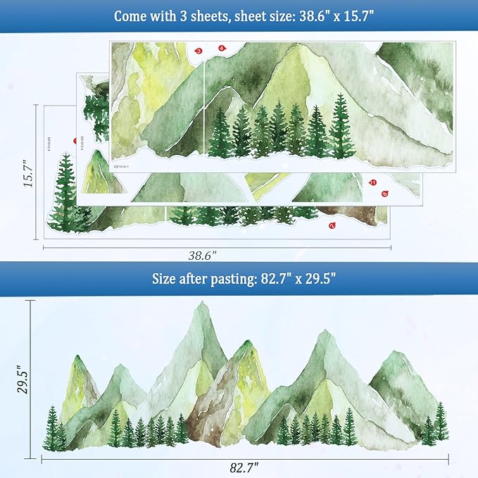 Large Mountain Wall Decals, Green Pine Tree Peel and Stick Vinyl Wall Stickers & Murals, Removable Home Room Wall Decor for Bedroom Living Room Bedroom Classroom Office Nursery