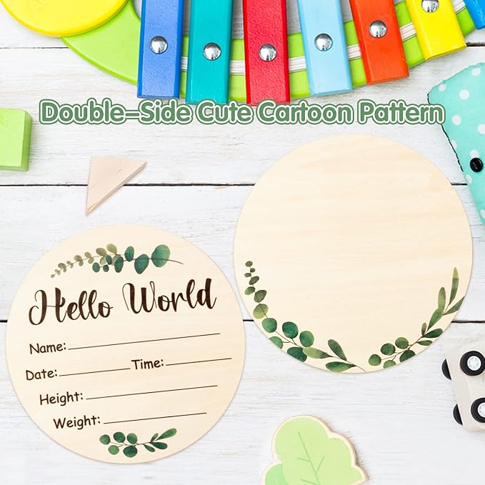 R HORSE Baby Birth Announcement Sign with Marker Pen, Greenery Eucalyptus Baby Name Sign with Ink Pad for Hand and Footprints, Wooden Hello World Newborn Announcement Nursery Decor Keepsake Gifts