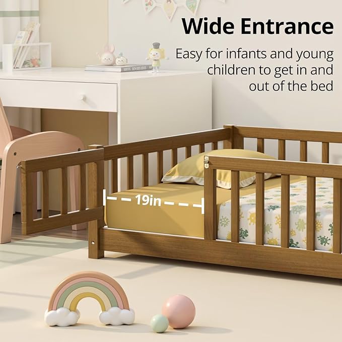 i-POOK Queen Floor Bed Frame with Wood Slats, High Fence & Small Door, Pinewood Montessori Floor Bed for Girls and Boys,Light Espresso