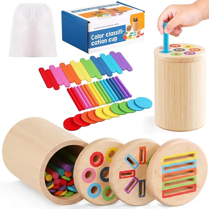 Wooden Montessori Toys for 1, 2,3 Year Old: 3 in 1 Fine Motor Skills Juguetes, Learning Color Matching Sorting Sensory - for Toddlers 15,18,24 Month