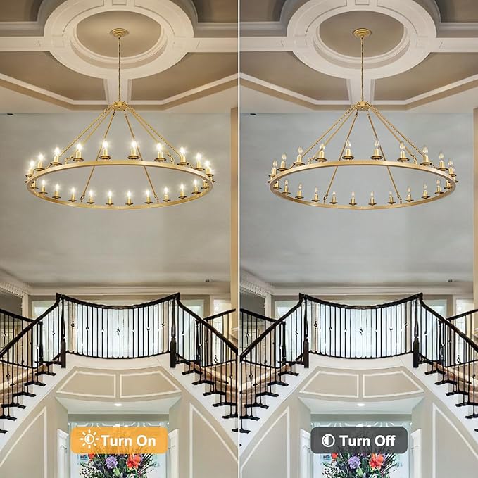 Wagon Wheel Chandelier, 24-Light Gold Large Round Modern Farmhouse Chandelier with Adjustable Height Island Light Fixture for High Ceiling Dining Room, Kitchen, Living Room, Entryways, Foyer