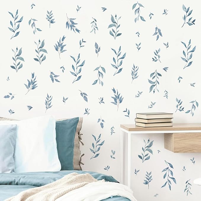 Watercolor Leaves Wall Stickers Blue Country Leaf Wall Decals Peel and Stick Small Tree Leaf Wall Stickers Removable Botanical Plant Leaves Wall Decals for Bedroom Living Room Decor