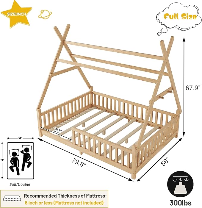 Montessori Bed Full Size with Light and Slats, Wood Teepee Floor Bed for Kids Boys Girls,House Bed Frame with Rails & Roof,No Box Spring Needed, Natural