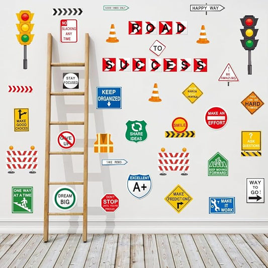 Road to Success Wall Decal, Inspirational Quote Traffic Sign Vinyl Wall Stickers, Removable Street Transportation Educational Artwork for Classroom Office Playroom Decor