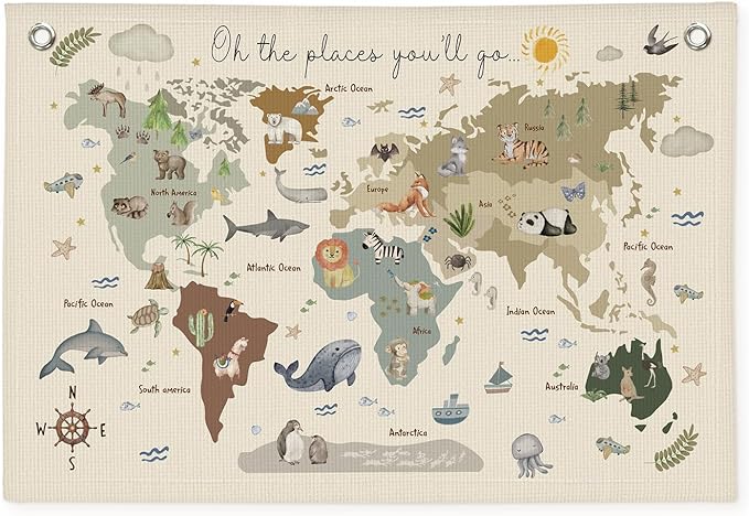 Wheatwin World Map for Kids, World Maps Banner for Playroom Wall 20x30, World Map Cute Wall Hanging Decor Banner Flag for Playroom Nursery Classroom Boys Girls Kids Room Prints