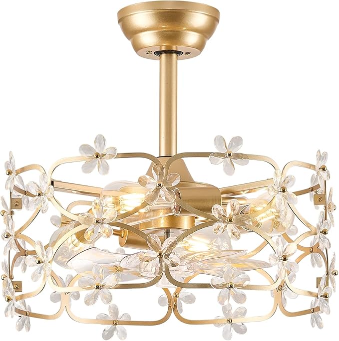 Gold Fandelier Ceiling Fan with Light and Remote Control Modern Crystal Flower Chandelier Ceiling Fan for Girl's Bedroom，Nursery，Living Room（Caged Enclosed 6 Speeds Height Adjustment）