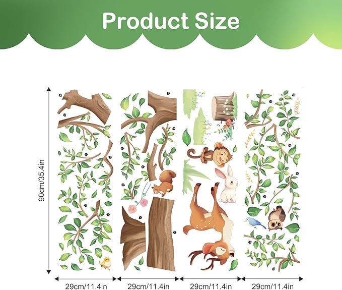 Tanlaby Jungle Animals Large Tree Wall Stickers Cartoon Animal Monkey Deer Wall Decals Peel and Stick Art Decor for Baby Nursery Kids Bedroom Playroom Toddler Room (H: 54 in)