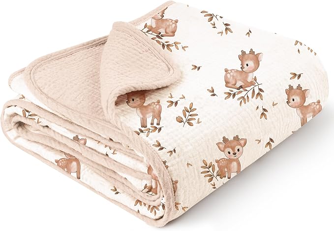 Konssy Muslin Baby Blankets for Girls Boys, 100% Cotton Crib Blanket for Baby Infant Toddler, Super Soft and Lightweight Nursery Blankets 40"x36" (Deer)