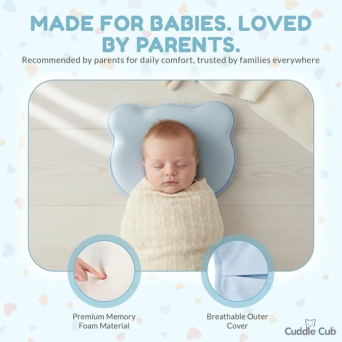 Baby Pillow for Newborns 0–12 Months – Memory Foam Head Shaping Pillow for Flat Head Prevention – Breathable Ergonomic Support with Washable Cotton Cover