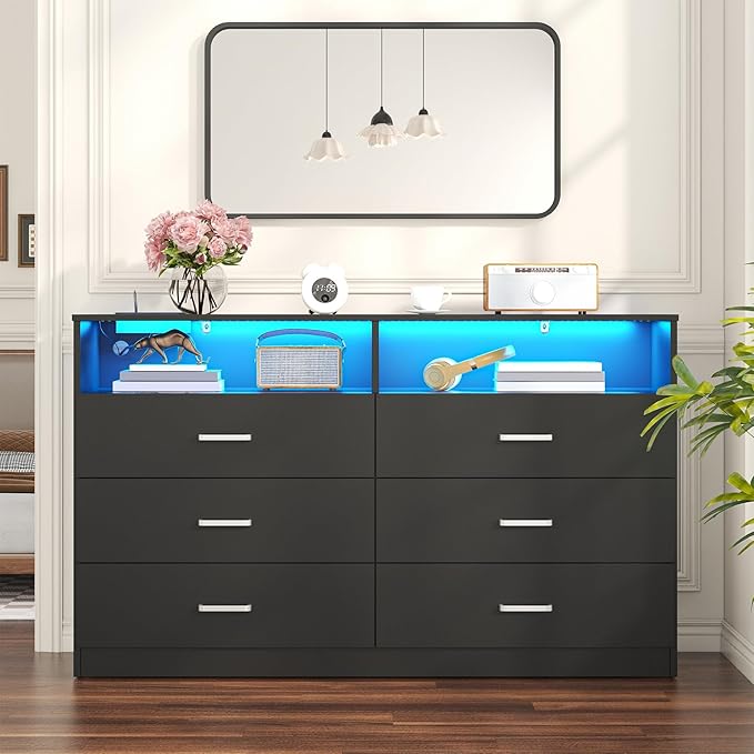 Bigbiglife Dresser for Bedroom, 6 Drawer Dresser with Charging Station and Led Light, Modern Chest of Drawers for Bedroom, Living Room,Black