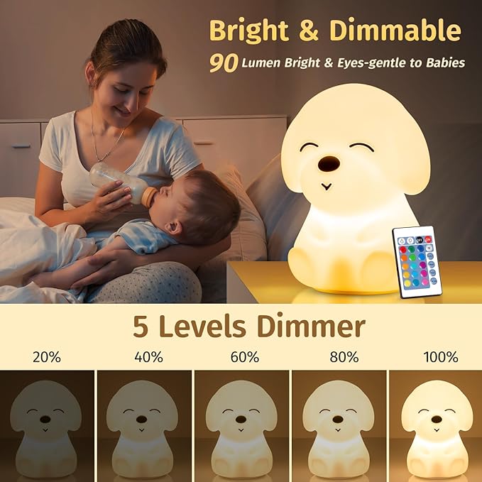 Mubarek Kids Night Light Cute Lamp, Remote+16 Colors Night Lamp for Bedroom, Dimmable Night Light, Timer for Kids Lamp, Battery Operated Kawaii Room Decor,Cute Dog Gifts Small Size