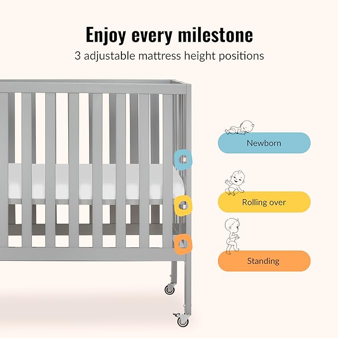 Dream On Me Jett Mini Folding Baby Crib in Pebble Grey, GreenGuard Gold & JPMA, Lightweight & Portable, Patented Flat Folding System, Small Spaces & Travel, 1.5” Mattress Pad, 3 Heights, Safe Wheels