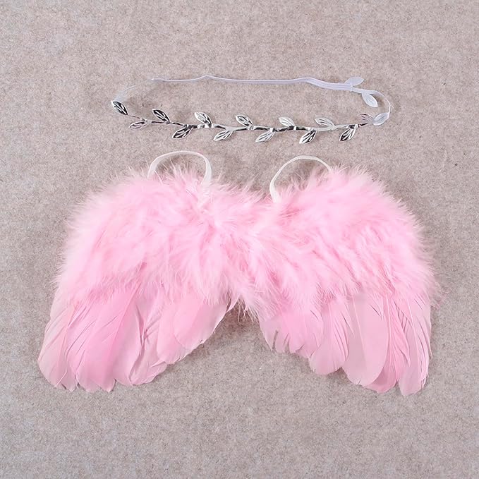 2PCS Pink Angel Wings With Leaf Headband For Newborn Infant Photo Props Soft Feather Wings For Kids Photo Outfits Baby Girls Costume(Color G, One Size)