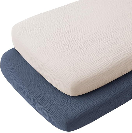 Konssy 2 Pack Muslin Bassinet Sheets for Baby Boy, 100% Cotton Soft Bedside Sleeper Bassinet Sheets, Compatible with Baby Delight, Dream On Me, AMKE and Other Rectangle Mattress (Navy,Cream)