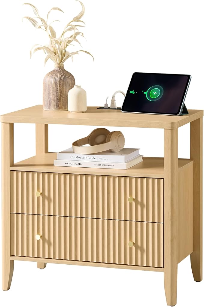 Fluted Nightstand with Charging Station Set of 2, 27.3" Wide Modern Bedside Table with 2 Drawers & Open Shelf, Large Wood End Table with Storage & Metal Handle for Bedroom, Natural Wood