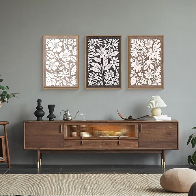 HLNIUC Black Brown Botanical Flower Wall Art Framed, Neutral Minimalist Wildflower Wall Decor set of 3 (24"x36"), Rustic Farmhouse Grey Canvas Painting, Nature Prints for Living Room, Bedroom, Office