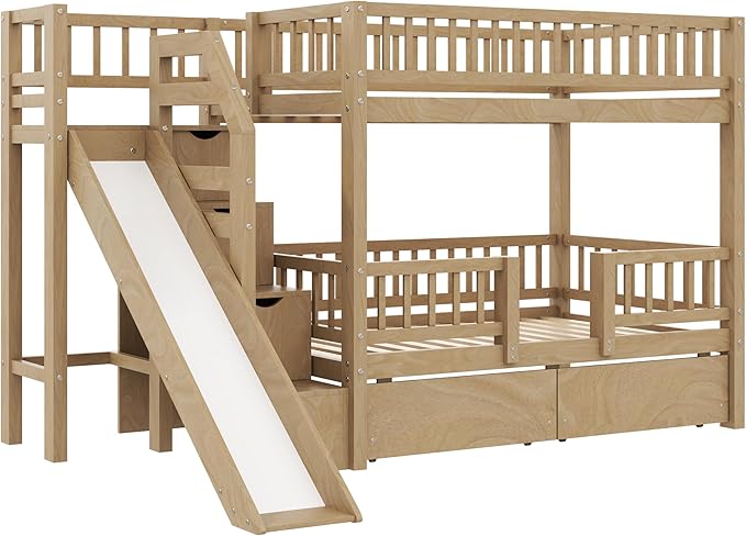Twin Over Twin Bunk Bed with Storage Staircase, Solid Wood Bunk Bed Frame with Slide and 2 Drawers for Kids Teens Adult Bedroom, No Box Spring Needed (Walnut/63r)