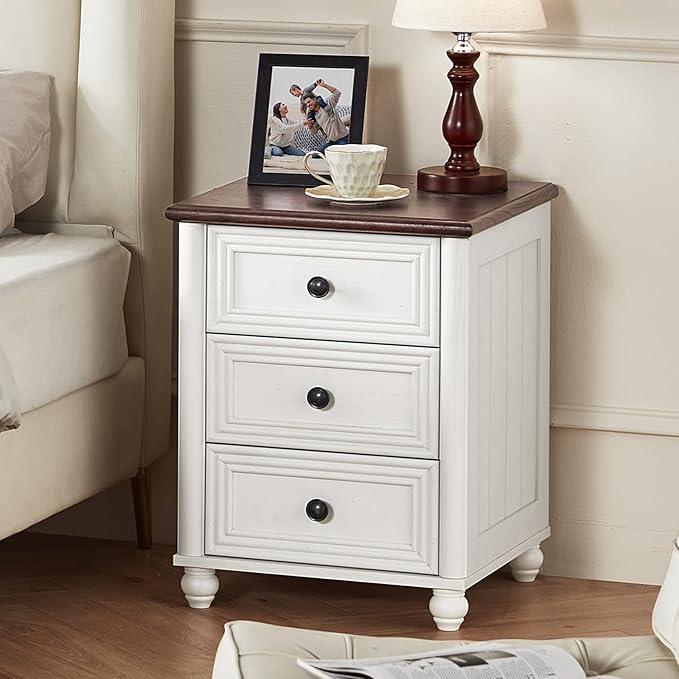 18" Farmhouse Night Stand, White Wood Nightstand with 3 Drawers, Bedside End Table with Storage and Roman Column, Bed Side Tables Cabinet for Bedroom, Living Room, and Closet
