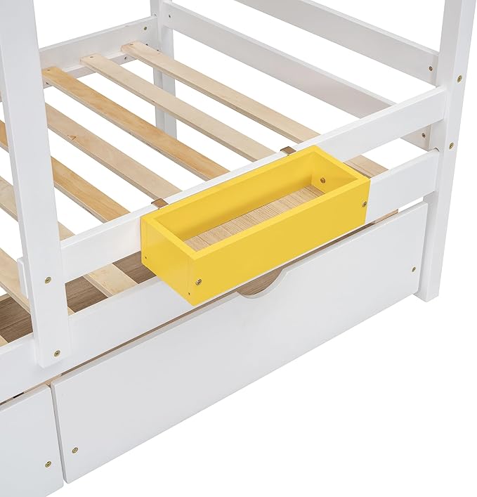 MERITLINE Twin Over Twin House Bunk Bed with Storage Drawers and Storage Box, Solid Wood Bunk Bed with Ladder,Shelf and Roof (White)