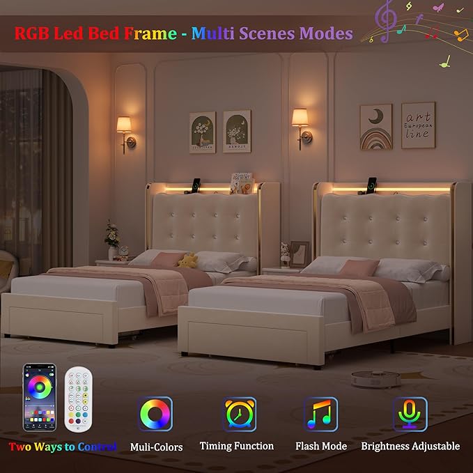 HITHOS Upholstered Twin Led Bed Frame with Charging Station and Storage Drawer, Velvet Princess Platform Bed Frames with Crystal-Button Tufted Headboard for Girls | Kids, No Box Spring Need, Beige