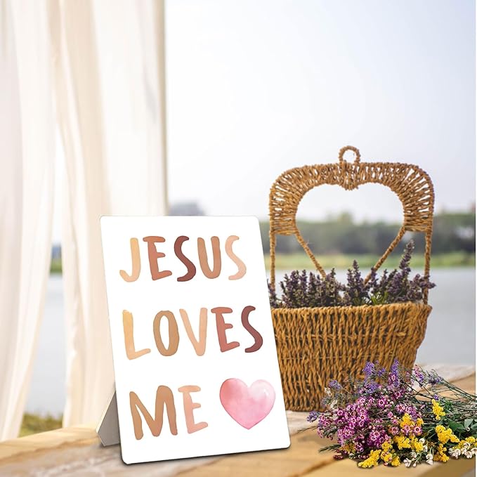 Baby Girls Boys Nursery Decor - Boho Jesus Loves Me Christian Wooden Stand Sign, Nursery Decor, 5x7 Inch